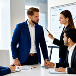 An experienced male venture capital investor, dressed in a tailored business suit, actively mentors a diverse group of three young startup founders (two female, one male) in a bright, modern open-plan office. They are gathered around a sleek, collaborative table with a digital whiteboard displaying business growth charts and strategic diagrams. The investor points to a data point, offering insights, while the founders listen attentively, taking notes on tablets. The atmosphere is professional, collaborative, and forward-thinking. All subjects are fully clothed in appropriate business attire, safe for work, and maintaining modest clothing. Perfect anatomy, correct proportions, natural pose, well-formed hands, proper finger count, natural body proportions. Professional photography, high quality.