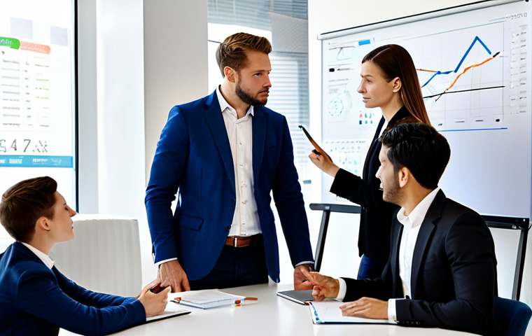 An experienced male venture capital investor, dressed in a tailored business suit, actively mentors a diverse group of three young startup founders (two female, one male) in a bright, modern open-plan office. They are gathered around a sleek, collaborative table with a digital whiteboard displaying business growth charts and strategic diagrams. The investor points to a data point, offering insights, while the founders listen attentively, taking notes on tablets. The atmosphere is professional, collaborative, and forward-thinking. All subjects are fully clothed in appropriate business attire, safe for work, and maintaining modest clothing. Perfect anatomy, correct proportions, natural pose, well-formed hands, proper finger count, natural body proportions. Professional photography, high quality.