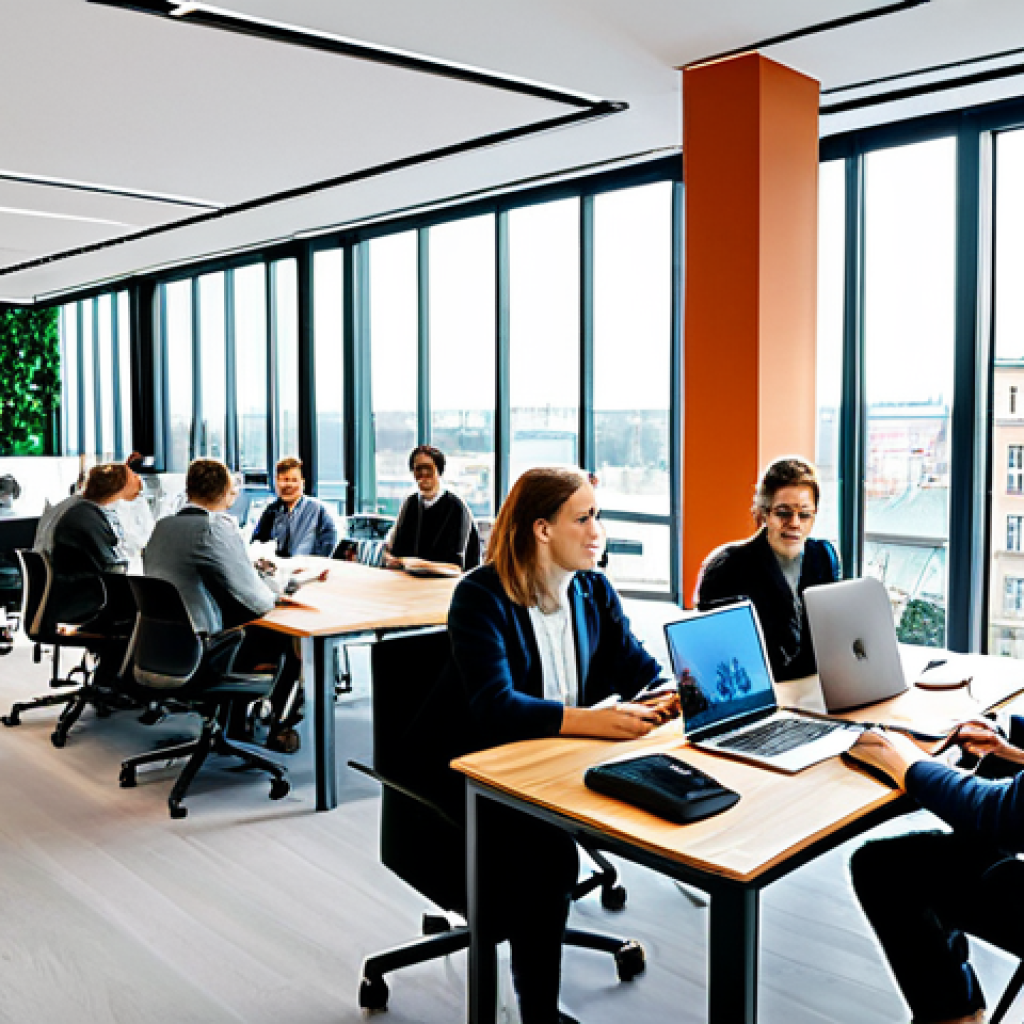 ** A bustling Warsaw co-working space filled with diverse, fully clothed professionals working on laptops, having meetings, and collaborating. Modern, bright interior with large windows overlooking the city. Safe for work, appropriate content, professional environment, fully clothed, perfect anatomy, natural proportions, high resolution.

**