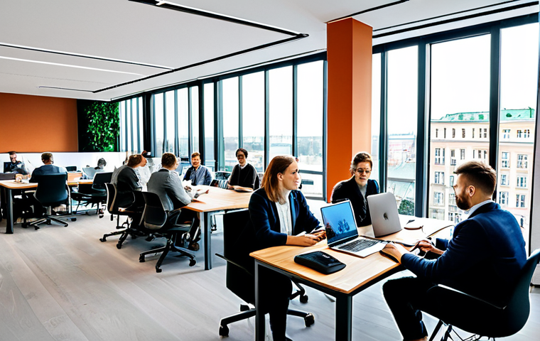 ** A bustling Warsaw co-working space filled with diverse, fully clothed professionals working on laptops, having meetings, and collaborating. Modern, bright interior with large windows overlooking the city. Safe for work, appropriate content, professional environment, fully clothed, perfect anatomy, natural proportions, high resolution.
**